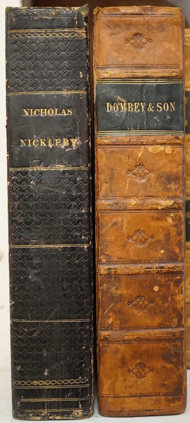 Dickens, Charles - The Life and Adventures of Nicholas Nickleby. 1st Edition. portrait frontis. and 39 other plates (by Phiz), half title; old gilt ruled and blind decorated half calf and marbled boards. Chapman and Hall